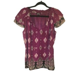Apt.9 Women's Burgandy and Black Paisley Print Flutter Sleeve Top Size S